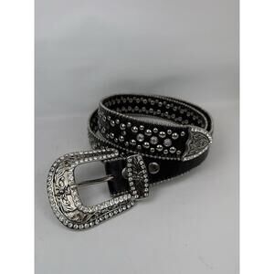 RhiO Leather Belt Studded Rhinestone Western Rocker Cowgirl Glam Size L Silver